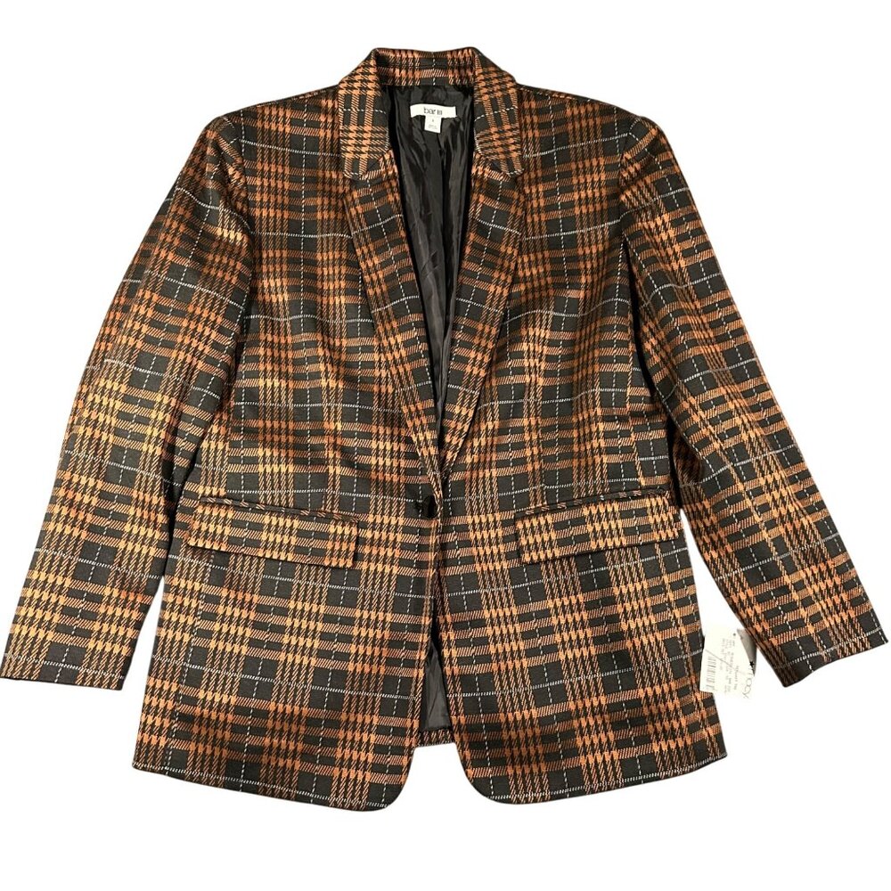 Bar III Womens Small Brown Plaid Notch-Collar Blazer Jacket V-Neck One Button LS